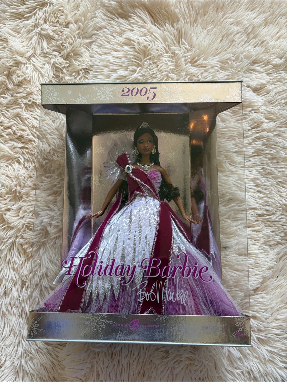 Mattel Holiday Barbie 2005 Bob Mackie Burgundy, White & Pink Festive Gown NRFB